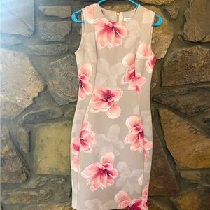 Calvin Klein Tan Midi Dress with Pink Floral Print